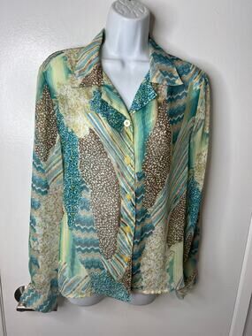 Vintage Swann Women's Retro-Patterned Sheer Button Up Polyester Blouse ~ Size 10